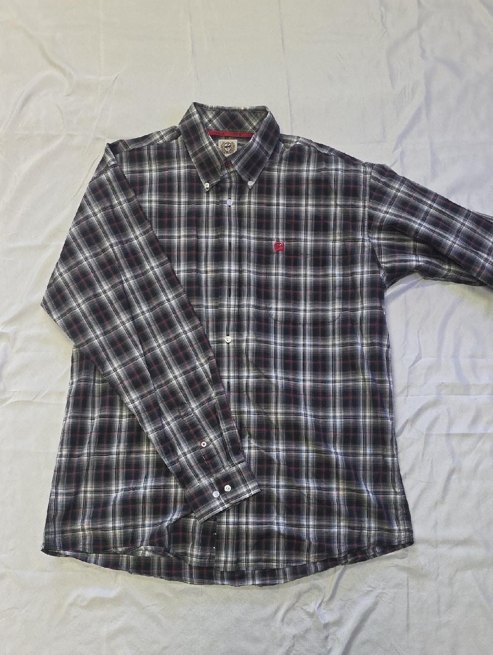 Men's Plaid Button-Down Shirt - Black & Gray with Red Accent